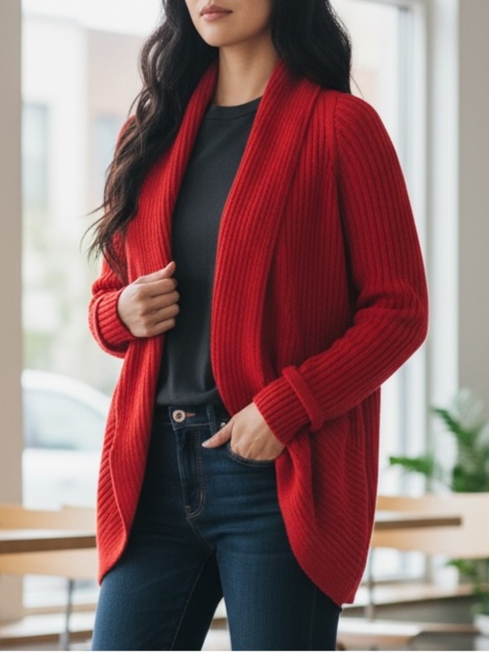 Neiman Marcus 100% Cashmere Cherry Red Open-Front Ribbed Fall Winter Cardigan